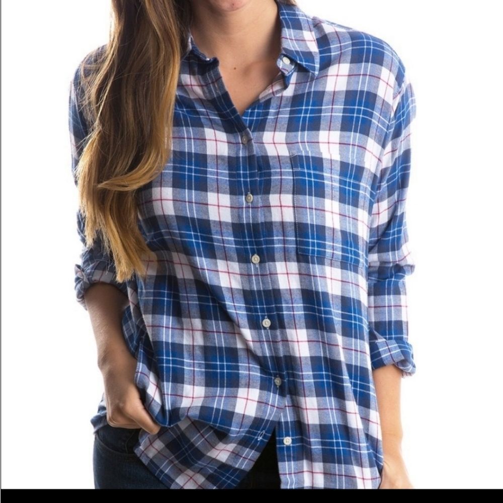 Lauren James Blue Plaid Flannel Boyfriend Shirt Pockets